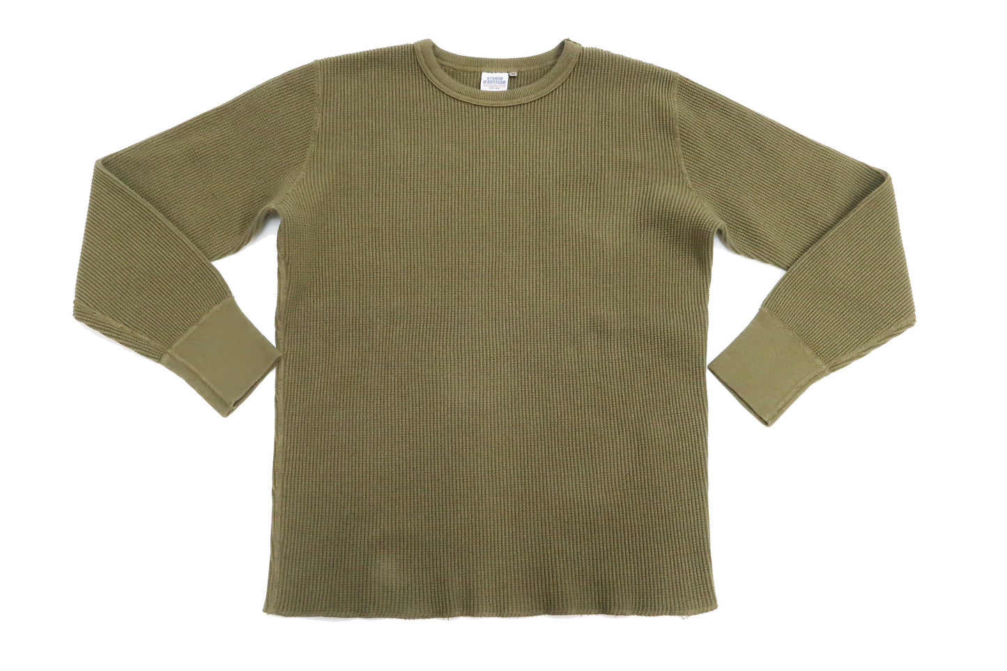 Studio D'Artisan Men's Heavyweight Waffle Knit Thermal Long Sleeve T-Shirt - 100% Cotton, Crew Neck, Ribbed Cuffs, Raw-edge hem, Made in Japan (SDA 9936) Khaki