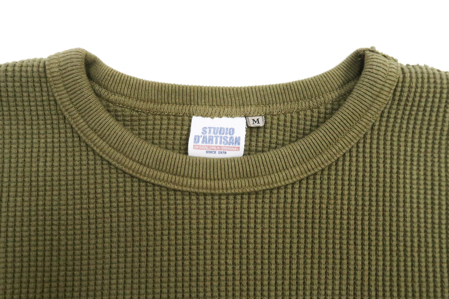 Studio D'Artisan Men's Heavyweight Waffle Knit Thermal Long Sleeve T-Shirt - 100% Cotton, Crew Neck, Ribbed Cuffs, Raw-edge hem, Made in Japan (SDA 9936) Khaki