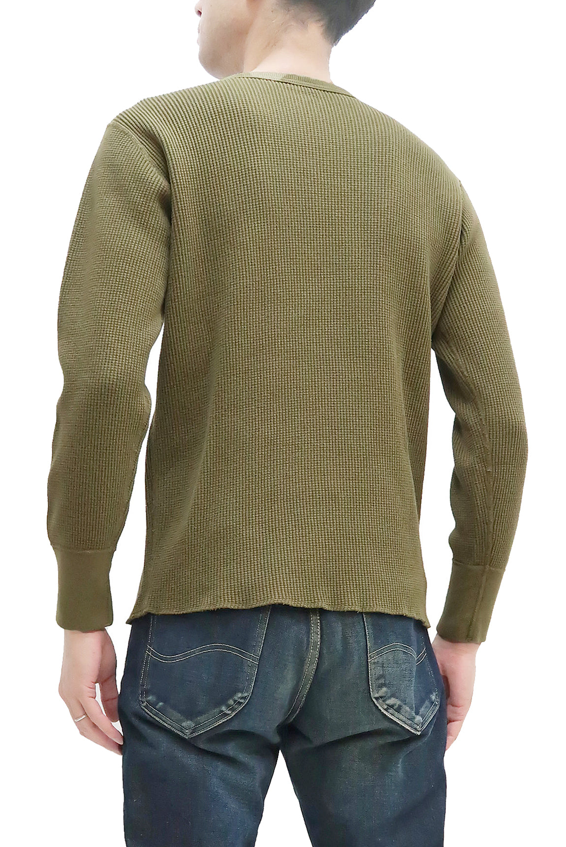 Studio D'Artisan Men's Heavyweight Waffle Knit Thermal Long Sleeve T-Shirt - 100% Cotton, Crew Neck, Ribbed Cuffs, Raw-edge hem, Made in Japan (SDA 9936) Khaki