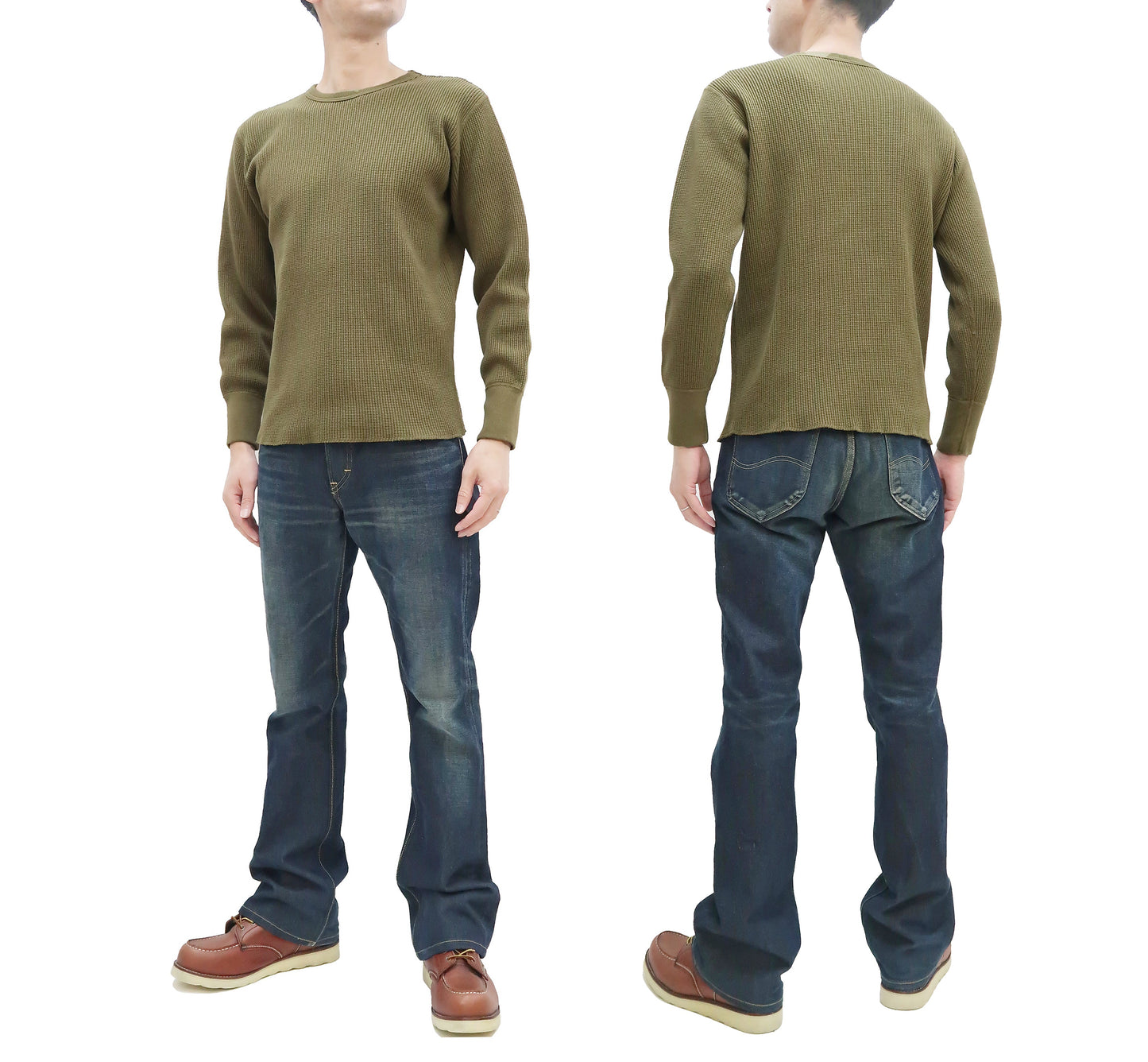 Studio D'Artisan Men's Heavyweight Waffle Knit Thermal Long Sleeve T-Shirt - 100% Cotton, Crew Neck, Ribbed Cuffs, Raw-edge hem, Made in Japan (SDA 9936) Khaki