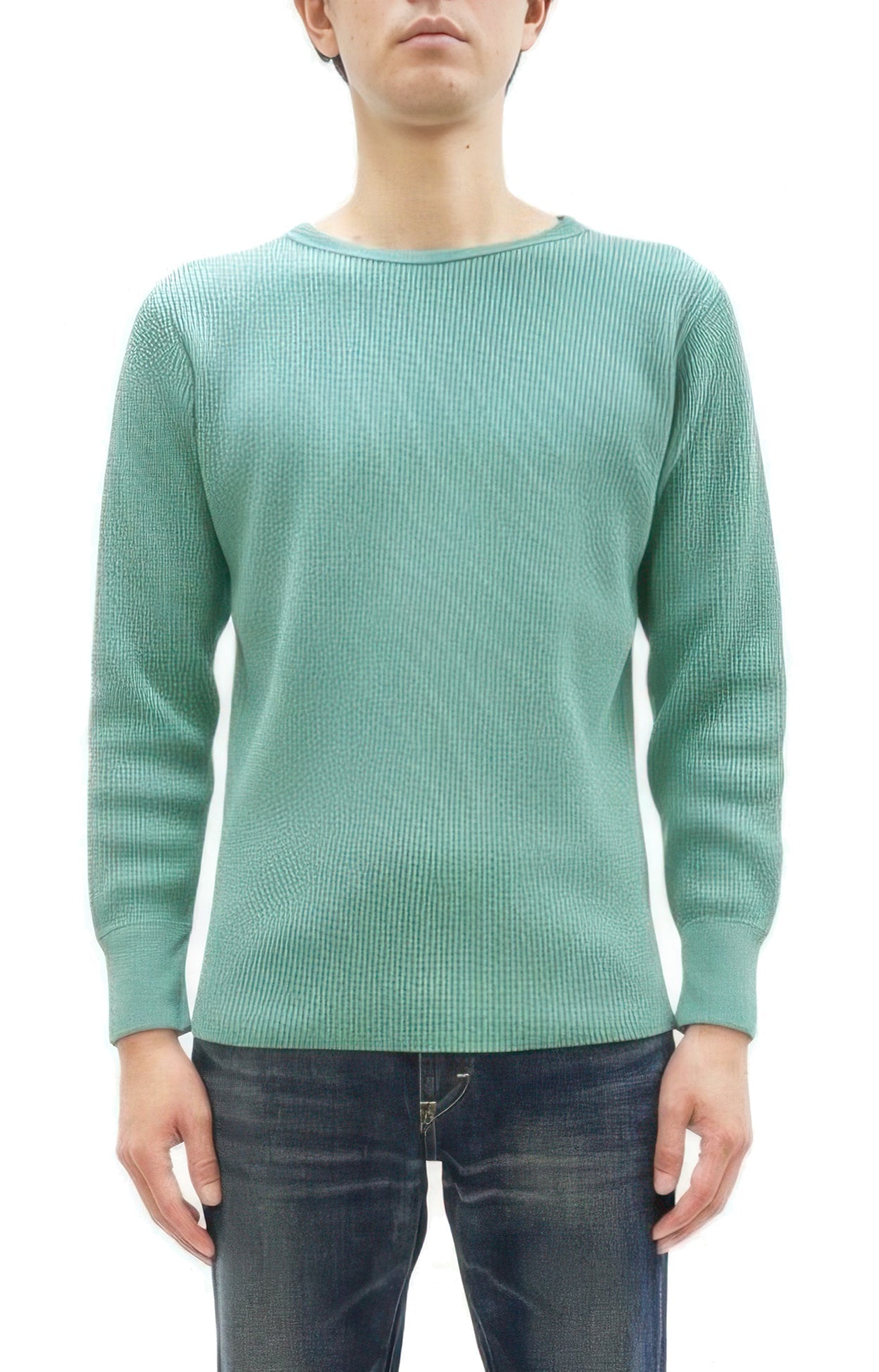Studio D'Artisan Men's Heavyweight Waffle Knit Thermal Long Sleeve T-Shirt - 100% Cotton, Crew Neck, Ribbed Cuffs, Raw-edge hem, Made in Japan (SDA 9936) Emerald Green