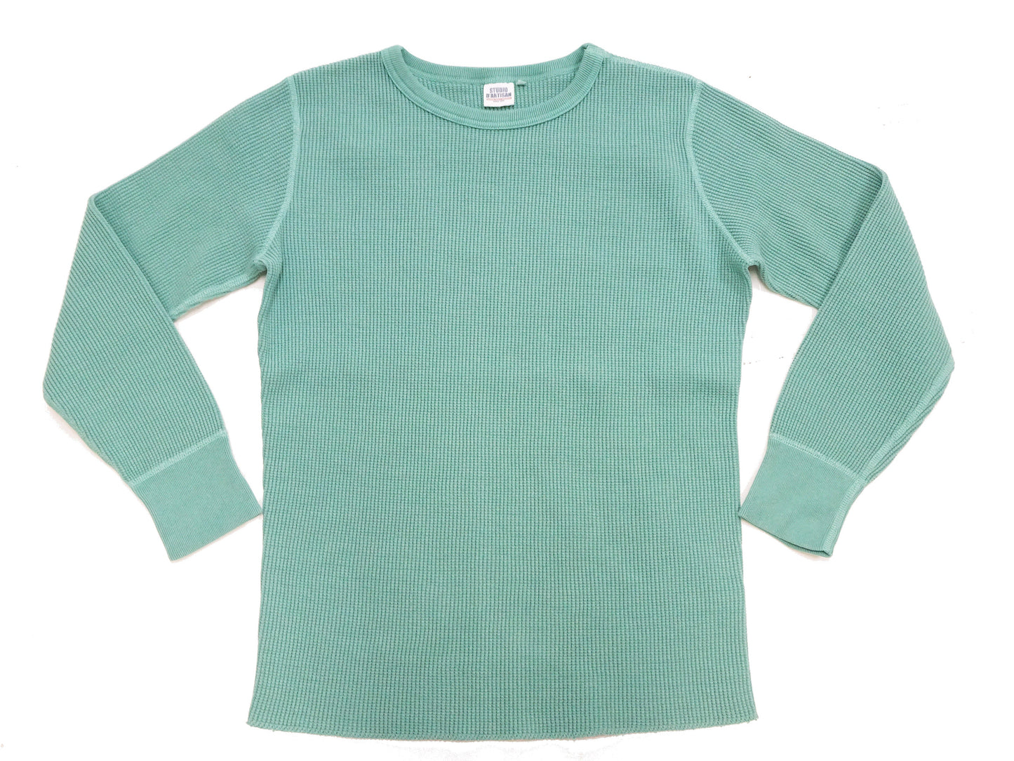 Studio D'Artisan Men's Heavyweight Waffle Knit Thermal Long Sleeve T-Shirt - 100% Cotton, Crew Neck, Ribbed Cuffs, Raw-edge hem, Made in Japan (SDA 9936) Emerald Green
