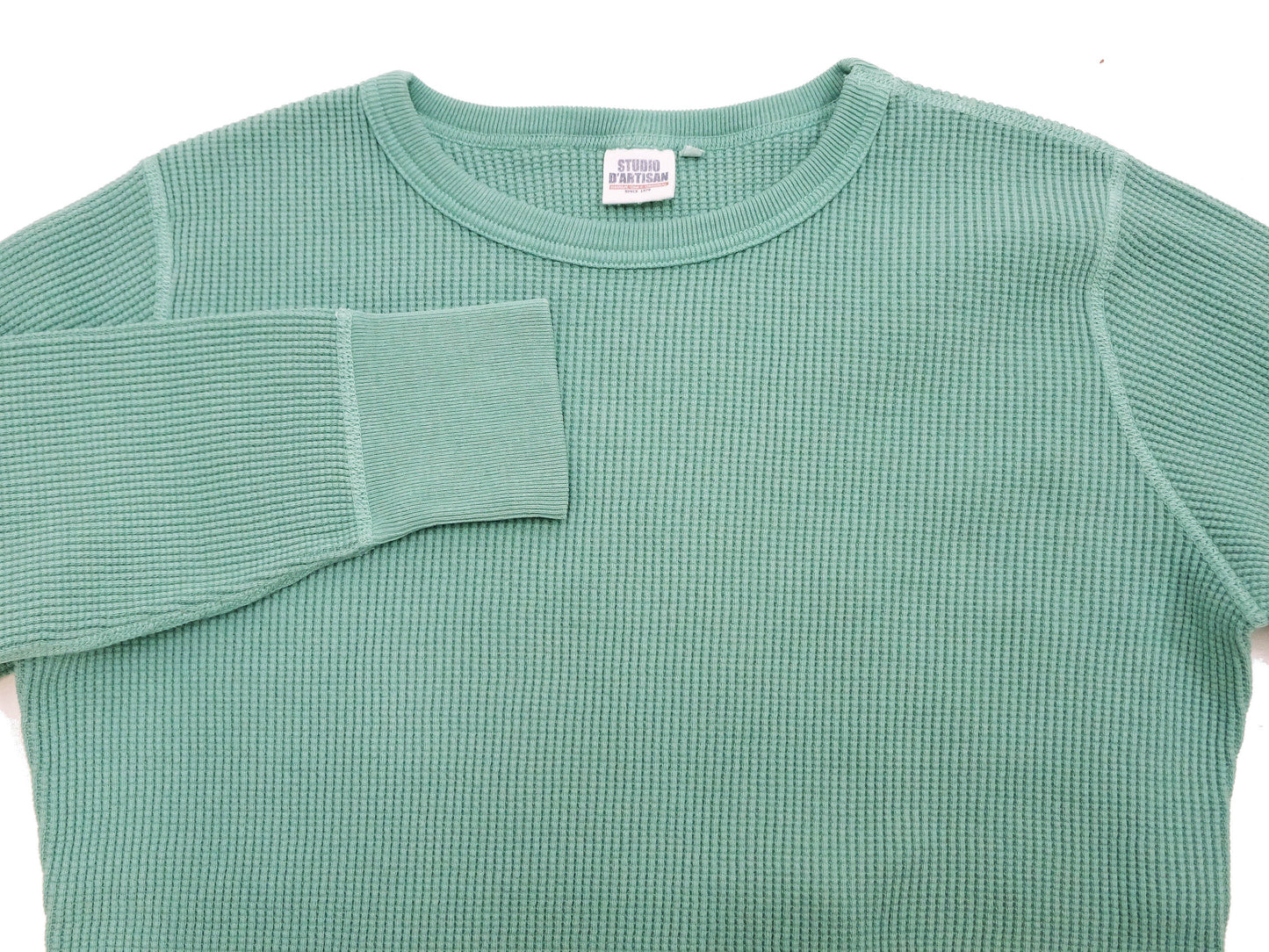 Studio D'Artisan Men's Heavyweight Waffle Knit Thermal Long Sleeve T-Shirt - 100% Cotton, Crew Neck, Ribbed Cuffs, Raw-edge hem, Made in Japan (SDA 9936) Emerald Green