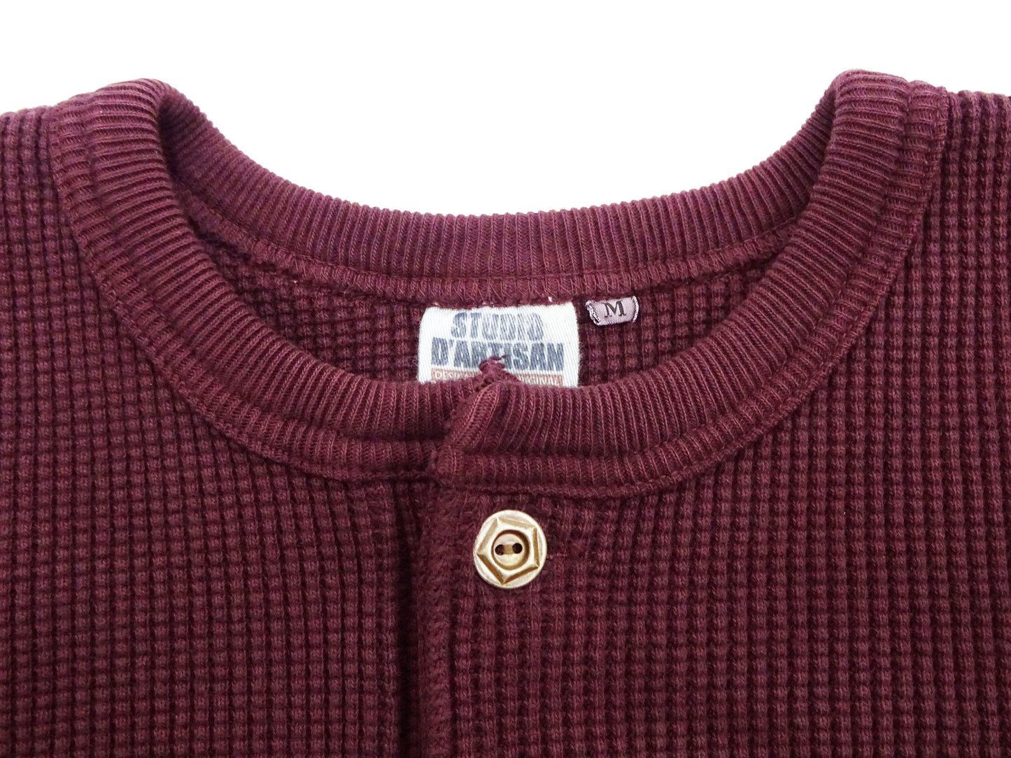 Studio D'Artisan Men's Heavyweight Waffle Knit Thermal Henley Long Sleeve T-Shirt - 100% Cotton, Ribbed Crew Neck Band, Ribbed Cuffs, Raw-edge hem, Made in Japan (SDA 9937) Burgundy