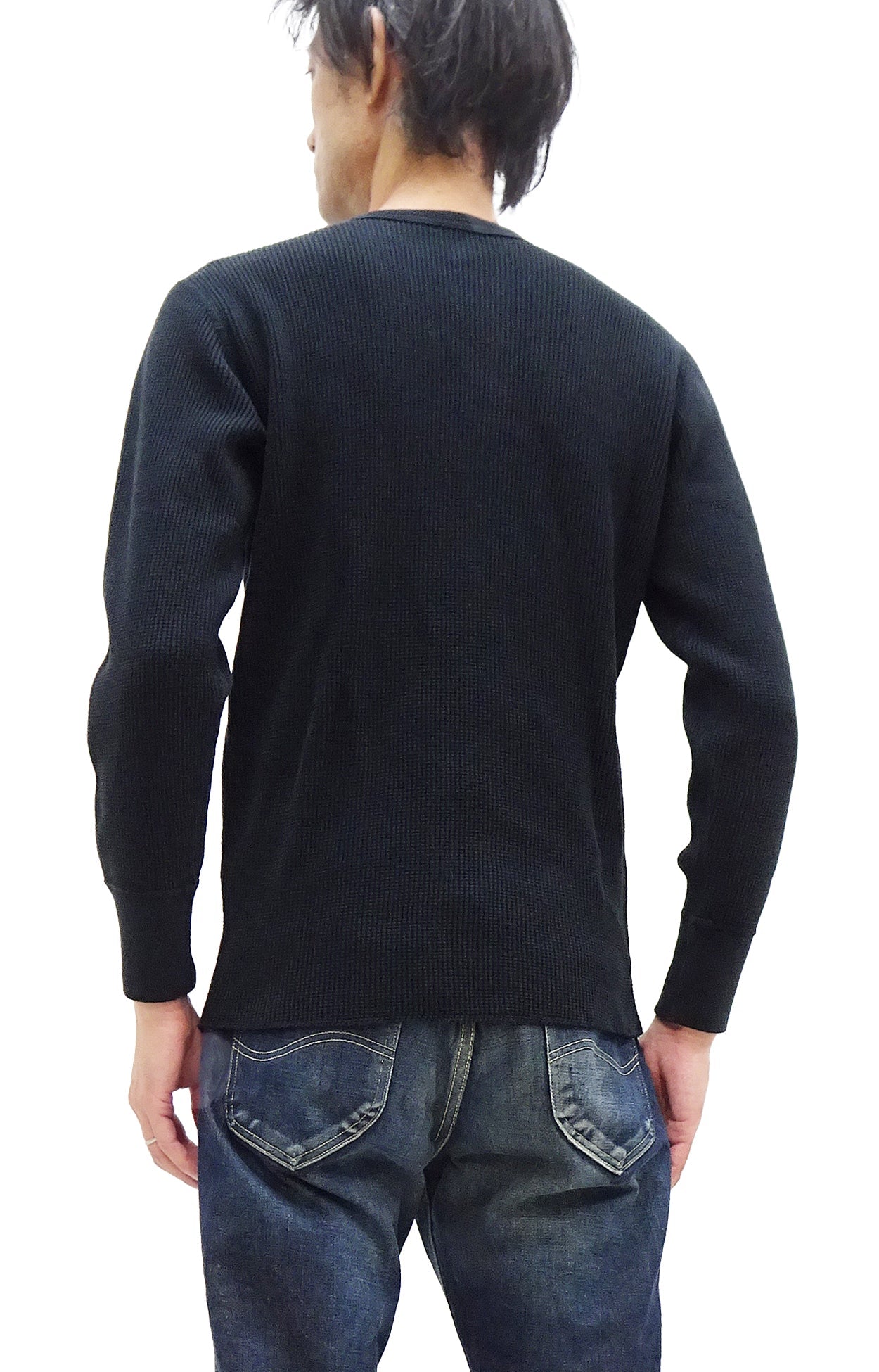 Studio D'Artisan Men's Heavyweight Waffle Knit Thermal Henley Long Sleeve T-Shirt - 100% Cotton, Ribbed Crew Neck Band, Ribbed Cuffs, Raw-edge hem, Made in Japan (SDA 9937) Black