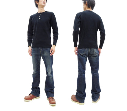 Studio D'Artisan Men's Heavyweight Waffle Knit Thermal Henley Long Sleeve T-Shirt - 100% Cotton, Ribbed Crew Neck Band, Ribbed Cuffs, Raw-edge hem, Made in Japan (SDA 9937) Black