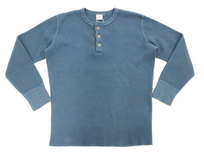 Studio D'Artisan Men's Heavyweight Waffle Knit Thermal Henley Long Sleeve T-Shirt - 100% Cotton, Ribbed Crew Neck Band, Ribbed Cuffs, Raw-edge hem, Made in Japan (SDA 9937) Faded-Blue