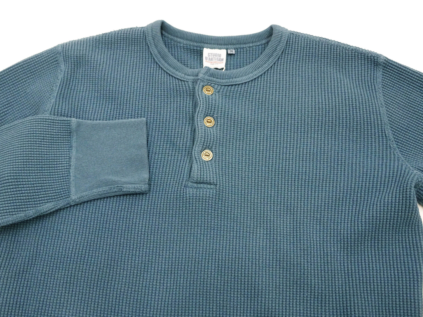 Studio D'Artisan Men's Heavyweight Waffle Knit Thermal Henley Long Sleeve T-Shirt - 100% Cotton, Ribbed Crew Neck Band, Ribbed Cuffs, Raw-edge hem, Made in Japan (SDA 9937) Faded-Blue