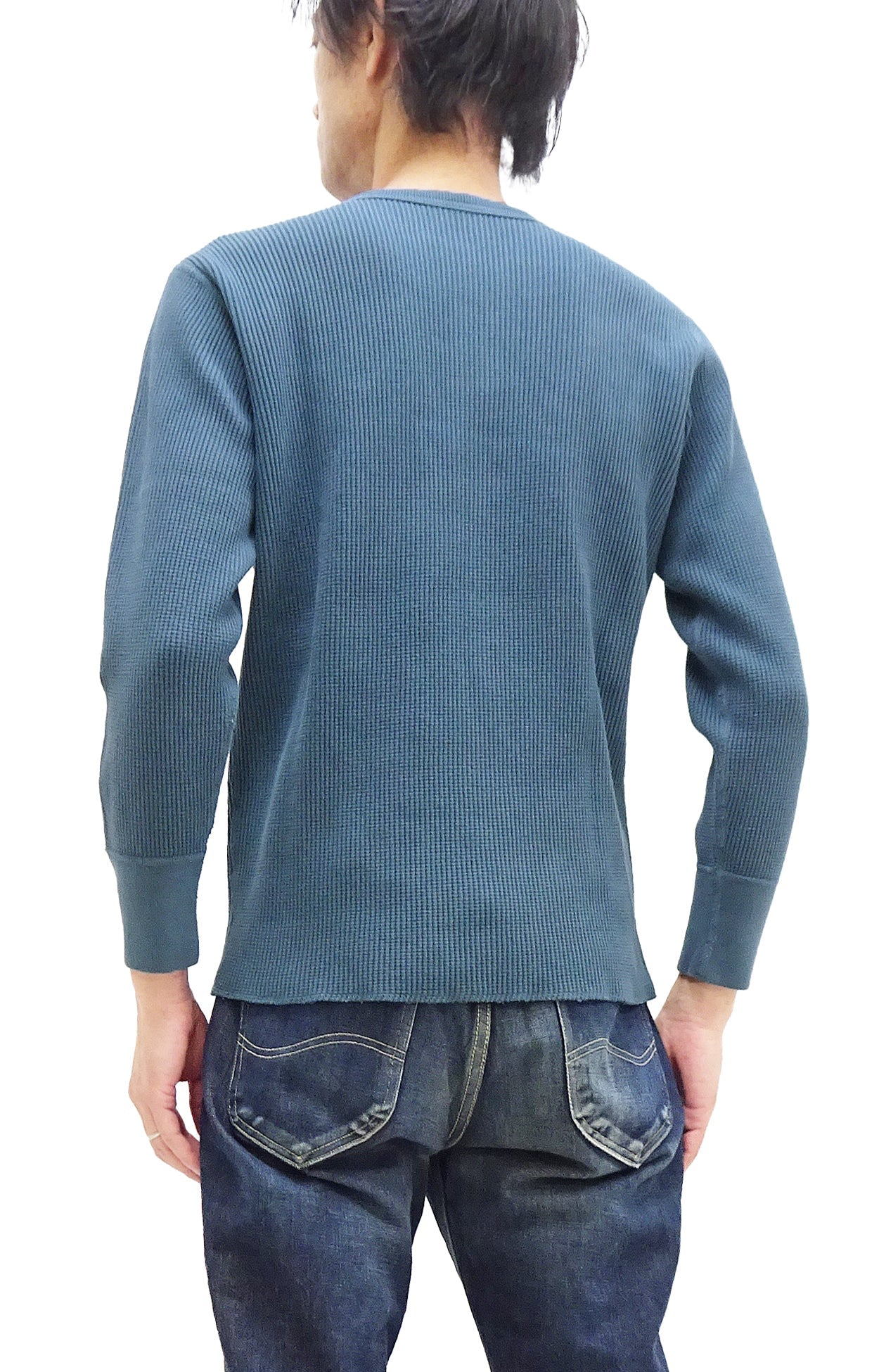 Studio D'Artisan Men's Heavyweight Waffle Knit Thermal Henley Long Sleeve T-Shirt - 100% Cotton, Ribbed Crew Neck Band, Ribbed Cuffs, Raw-edge hem, Made in Japan (SDA 9937) Faded-Blue