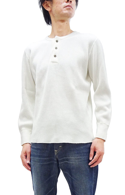 Studio D'Artisan Men's Heavyweight Waffle Knit Thermal Henley Long Sleeve T-Shirt - 100% Cotton, Ribbed Crew Neck Band, Ribbed Cuffs, Raw-edge hem, Made in Japan (SDA 9937) White