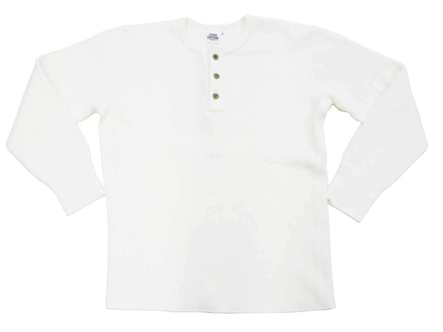 Studio D'Artisan Men's Heavyweight Waffle Knit Thermal Henley Long Sleeve T-Shirt - 100% Cotton, Ribbed Crew Neck Band, Ribbed Cuffs, Raw-edge hem, Made in Japan (SDA 9937) White