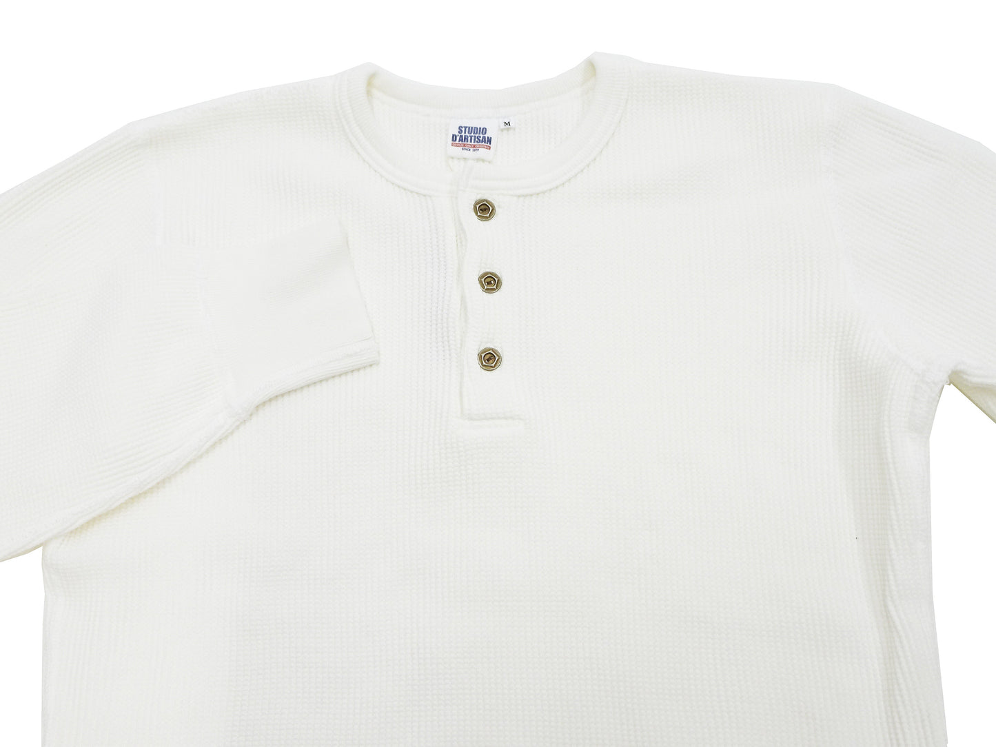 Studio D'Artisan Men's Heavyweight Waffle Knit Thermal Henley Long Sleeve T-Shirt - 100% Cotton, Ribbed Crew Neck Band, Ribbed Cuffs, Raw-edge hem, Made in Japan (SDA 9937) White