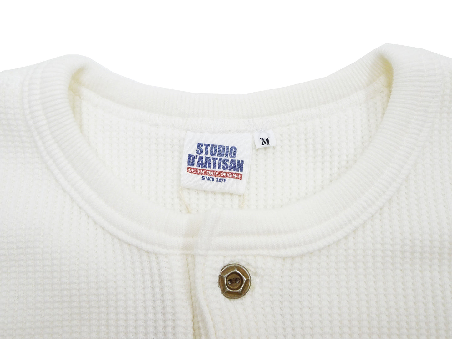 Studio D'Artisan Men's Heavyweight Waffle Knit Thermal Henley Long Sleeve T-Shirt - 100% Cotton, Ribbed Crew Neck Band, Ribbed Cuffs, Raw-edge hem, Made in Japan (SDA 9937) White