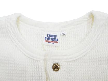 Studio D'Artisan Men's Heavyweight Waffle Knit Thermal Henley Long Sleeve T-Shirt - 100% Cotton, Ribbed Crew Neck Band, Ribbed Cuffs, Raw-edge hem, Made in Japan (SDA 9937) White