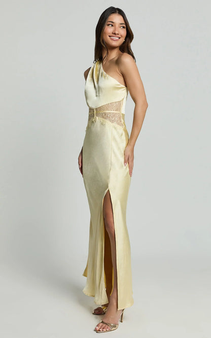 Estella Midi Dress - Asymmetrical Lace Detail Waist Slip Dress in Butter