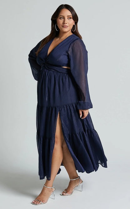 Edelyn Midi Dress - Cut Out Balloon Sleeve Tiered Dress in Navy