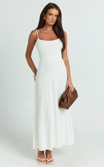 Donissa Midi Dress - Panelled Knit Dress in White