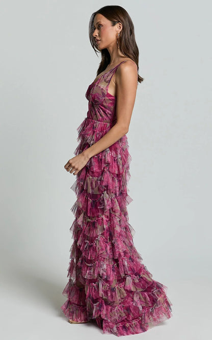 Amalie The Label - Josette Tulle Tiered Maxi Dress - Ink Floral