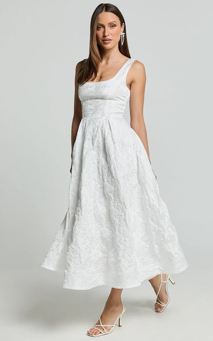 Georgine Midi Dress - Square Neck Fit and Flare Jacquard Dress in Ivory