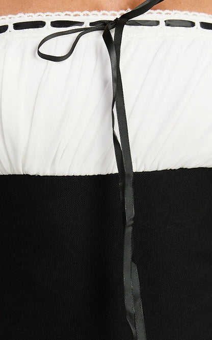 Emelia Midi Dress - Strappy Straight Neck Ruched Bust Dress in Black