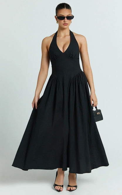 Athena Midi Dress - Halter Drop Waist Dress in Black