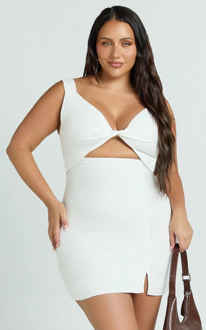 Finnley Mini Dress - Linen Twist Front Cut Out Dress in White