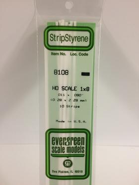 Evergreen HO Strips - 1" x 8" - Opaque White Polystyrene - #8108