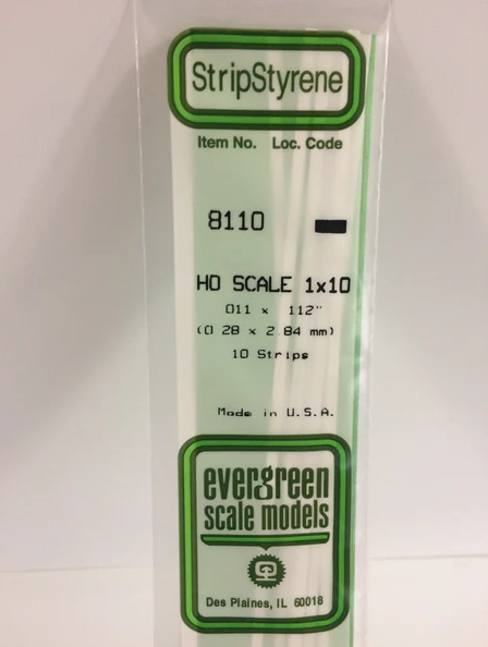 Evergreen HO Strips - 1" x 10" - Opaque White Polystyrene - #8110