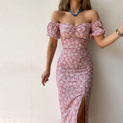 Summer Sexy Floral Printed Slash Neck Slim Fit Dress Women Casual Pack Hip Split Temperament Boho Midi Dresses Clothing