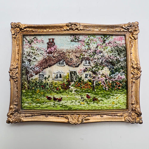 Embroidery Framed - Thatched Cottage with Chickens - 1/12 Scale Dollhouse Miniature