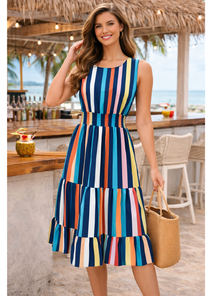 Jaclyn Navy Striped Tiered Midi Dress