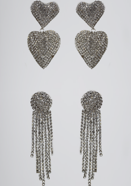Sarah Silver Diamante Drop And Heart Earrings