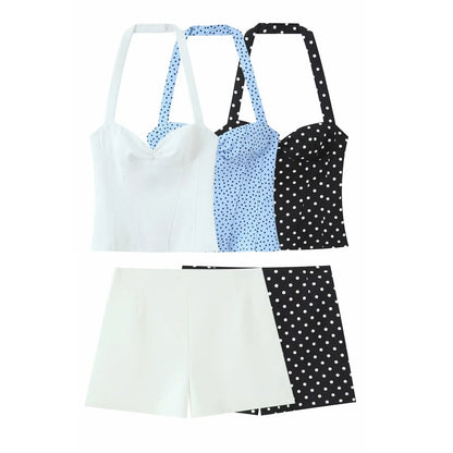 2026 Women New Fashion Suit Sexy Sleeveless Backless Polka Dot Halter Slim Short Top+Side Zipper Casual Short Skirts