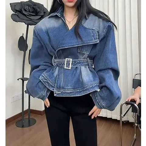 2026 Spring New American Style Washed Denim Jacket For Women Belted Waist Slim Fit Design Versatile And Trendy Casual Outerwear