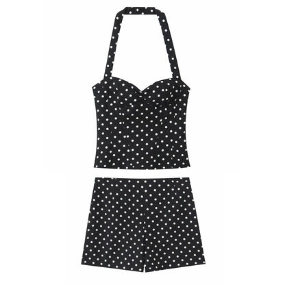 2026 Women New Fashion Suit Sexy Sleeveless Backless Polka Dot Halter Slim Short Top+Side Zipper Casual Short Skirts