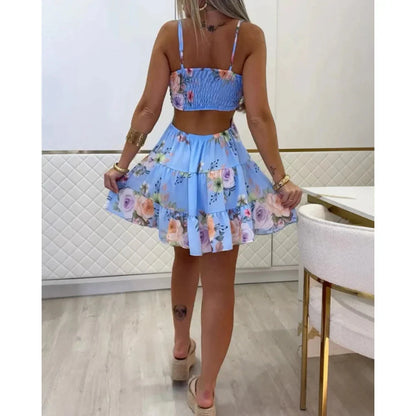 Women's Floral Spaghetti Strap Mini Dress – Cold Shoulder Ruched
