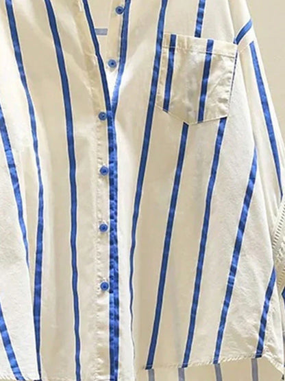 2025 Early Autumn New Arrival Women's Oversized Youthful Design Patchwork Blue Striped Shirt Fashion