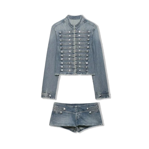 2026 New Women Denim 2 Piece Set Streetwear Button Decorated Stand Collar Cropped Jacket + Low Waist Shorts Y2K Outfi