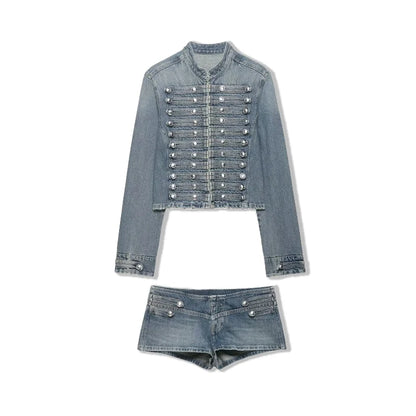 2026 New Women Denim 2 Piece Set Streetwear Button Decorated Stand Collar Cropped Jacket + Low Waist Shorts Y2K Outfi