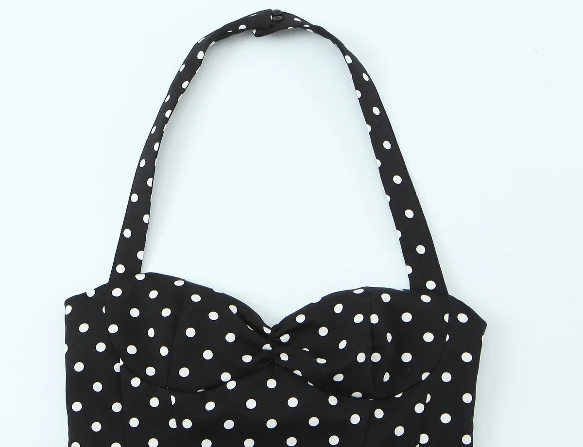 2026 Women New Fashion Suit Sexy Sleeveless Backless Polka Dot Halter Slim Short Top+Side Zipper Casual Short Skirts
