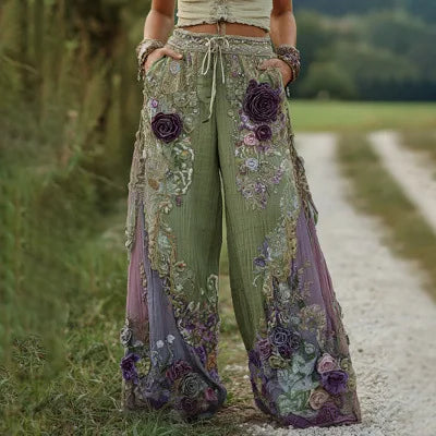 2026 New Women Pink 3D Floral Print Long Pants Elegant High Waist Straight Leg Trousers Casual Party Fashion Streetwear Bottoms