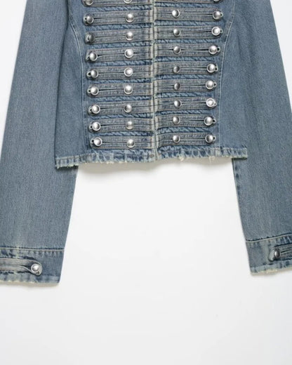 2026 New Women Denim 2 Piece Set Streetwear Button Decorated Stand Collar Cropped Jacket + Low Waist Shorts Y2K Outfi