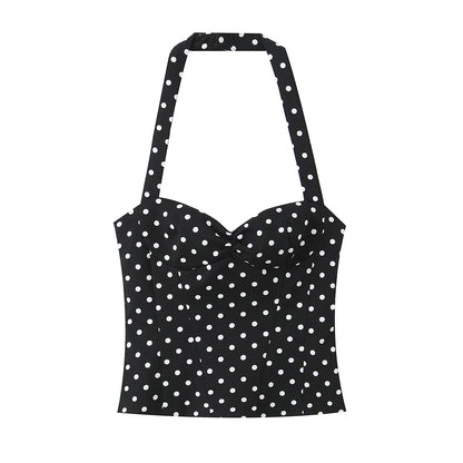 2026 Women New Fashion Suit Sexy Sleeveless Backless Polka Dot Halter Slim Short Top+Side Zipper Casual Short Skirts
