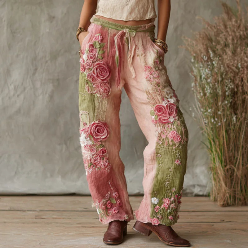 2026 New Women Pink 3D Floral Print Long Pants Elegant High Waist Straight Leg Trousers Casual Party Fashion Streetwear Bottoms