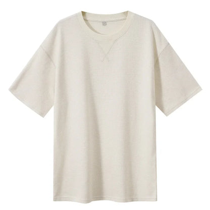 2026 New Men's Summer T Shirt 220g Waffle Round Neck T-shirt Solid Color Loose Simple Short Sleeve Top T Shirts