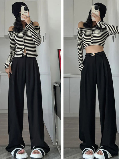 2025 Fall Winter Elegant Gray Suits Pants for Women Office Lady High Waist Wide Leg Fashion Trousers with Pockets Black Pants