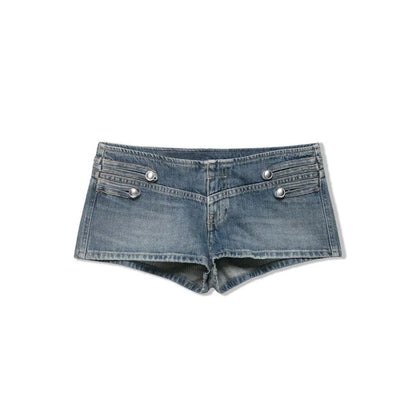 2026 New Women Denim 2 Piece Set Streetwear Button Decorated Stand Collar Cropped Jacket + Low Waist Shorts Y2K Outfi