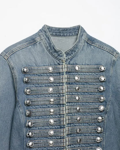 2026 New Women Denim 2 Piece Set Streetwear Button Decorated Stand Collar Cropped Jacket + Low Waist Shorts Y2K Outfi