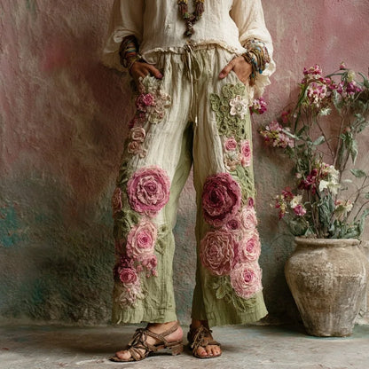 2026 New Women Pink 3D Floral Print Long Pants Elegant High Waist Straight Leg Trousers Casual Party Fashion Streetwear Bottoms