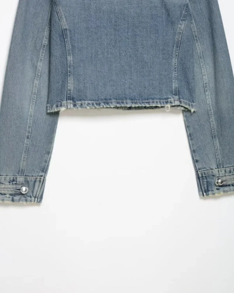 2026 New Women Denim 2 Piece Set Streetwear Button Decorated Stand Collar Cropped Jacket + Low Waist Shorts Y2K Outfi